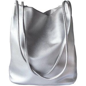 Women's Silver Leather Bucket Tote Shoulder Bag